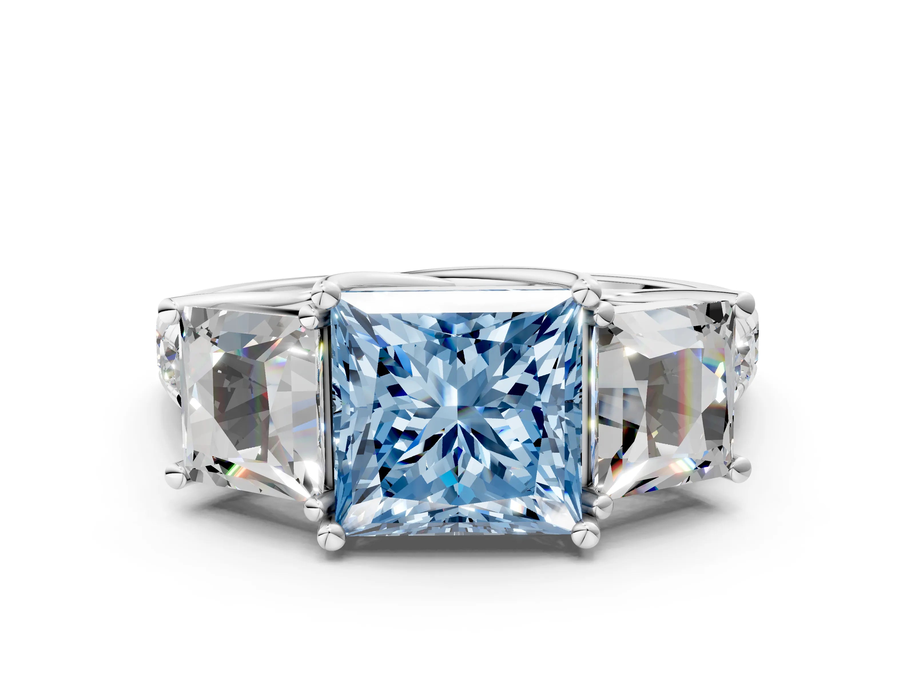 White gold Three-Stone Fancy Blue Princess Cut Diamond Pavé Band with Prong Setting_12