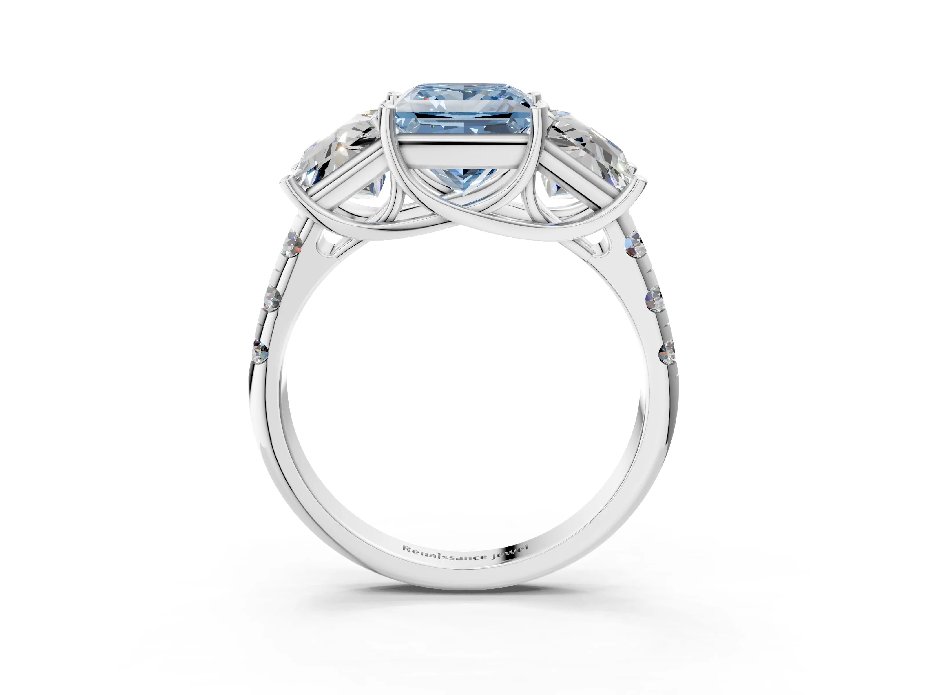 White gold Three-Stone Fancy Blue Princess Cut Diamond Pavé Band with Prong Setting_3