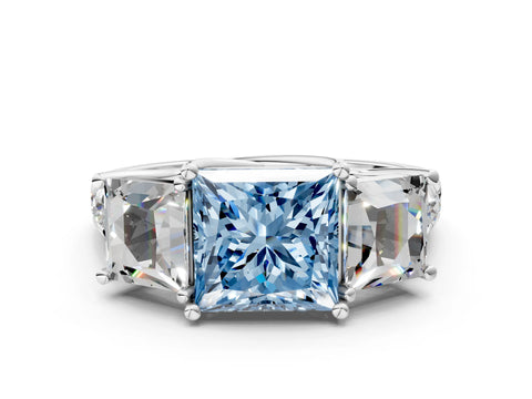 White gold Three-Stone Fancy Blue Princess Cut Diamond Pavé Band with Prong Setting