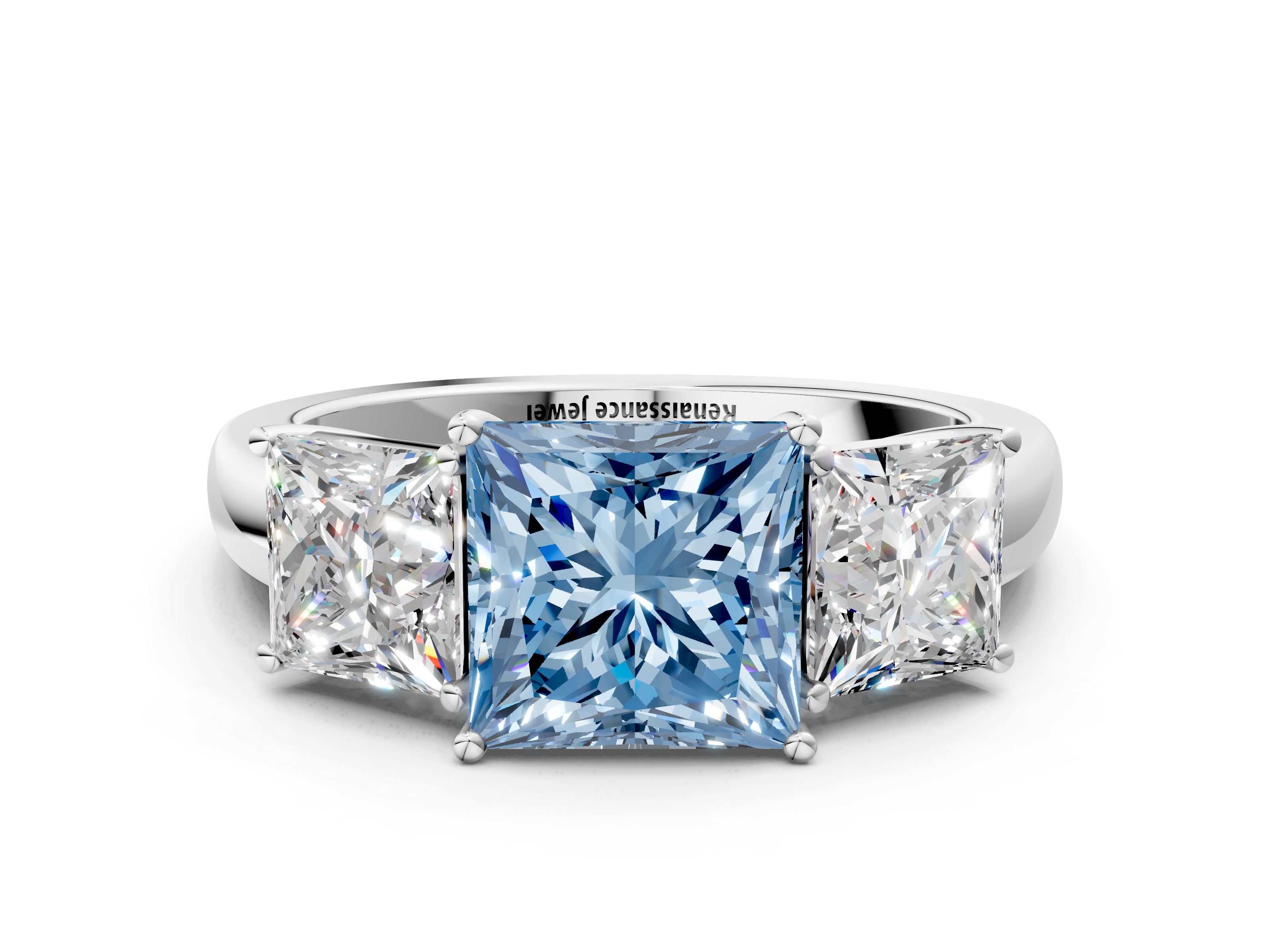 White gold Three-Stone Fancy Blue Princess  Cut Diamond Ring with Channel-Set Band and Four-Prong Setting_32