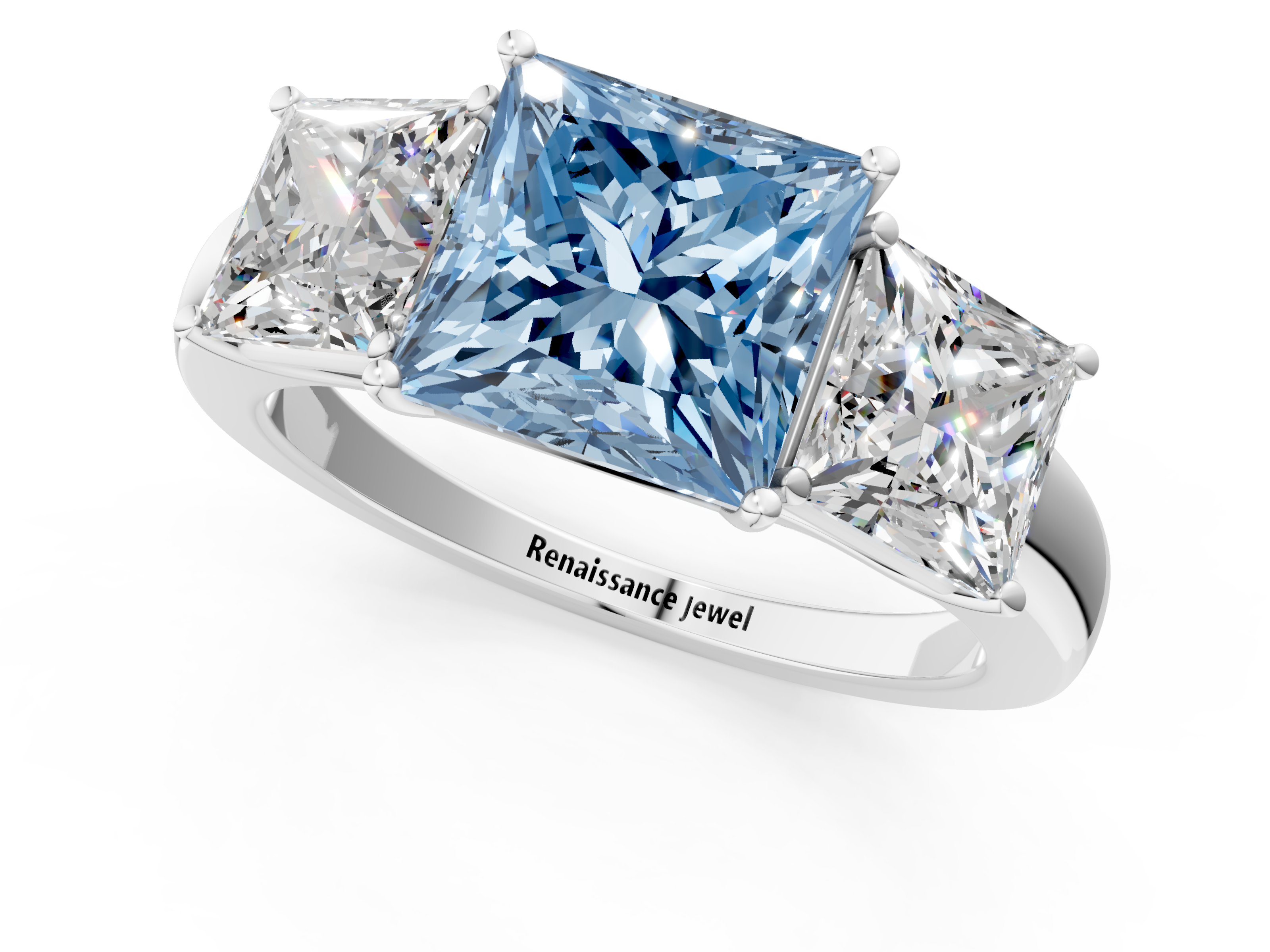 White gold Three-Stone Fancy Blue Princess  Cut Diamond Ring with Channel-Set Band and Four-Prong Setting_33