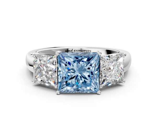 Platinum Fancy Blue Princess Cut Diamond Three-Stone Ring with Four-Prong Setting and Classic Band
