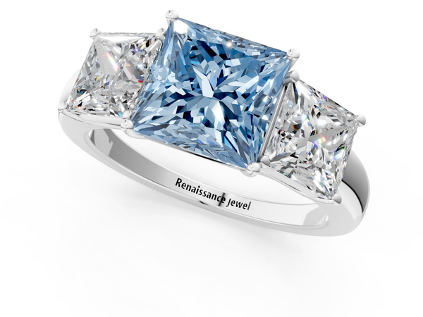 Platinum Fancy Blue Princess Cut Diamond Three-Stone Ring with Four-Prong Setting and Classic Band