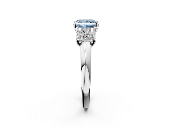 Platinum Fancy Blue Princess Cut Diamond Three-Stone Ring with Four-Prong Setting and Classic Band