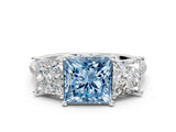 White gold Three-Stone Fancy Blue Princess Cut Diamond Ring with Pavé Band and Prong Setting_111