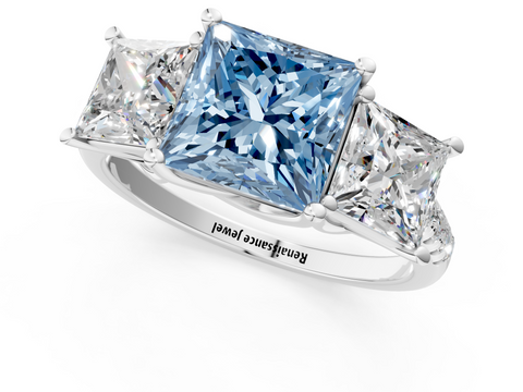 White gold Three-Stone Fancy Blue Princess  Cut Diamond Ring with Pavé Band and Prong Setting_36