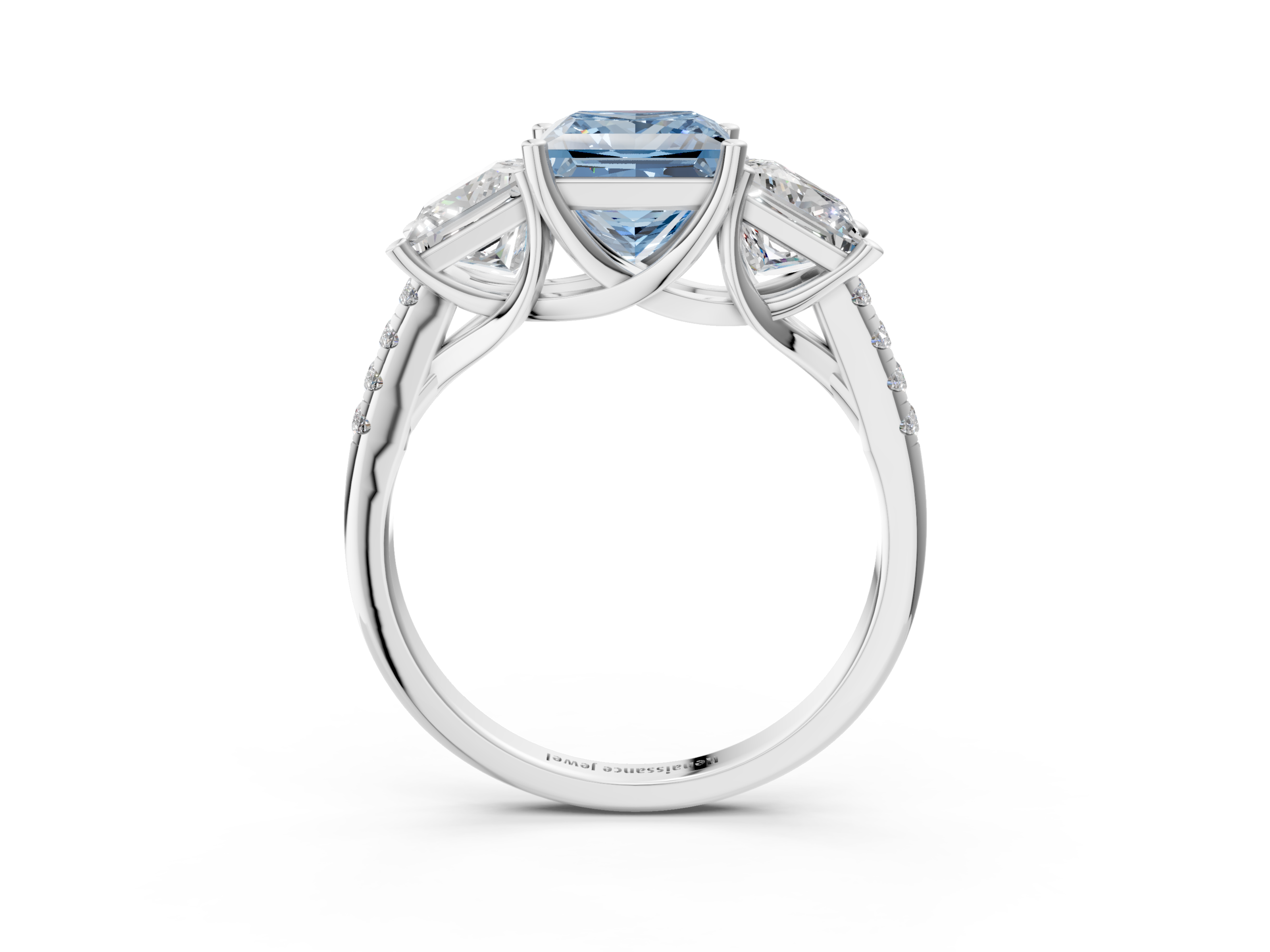 White gold Three-Stone Fancy Blue Princess  Cut Diamond Ring with Pavé Band and Prong Setting_38