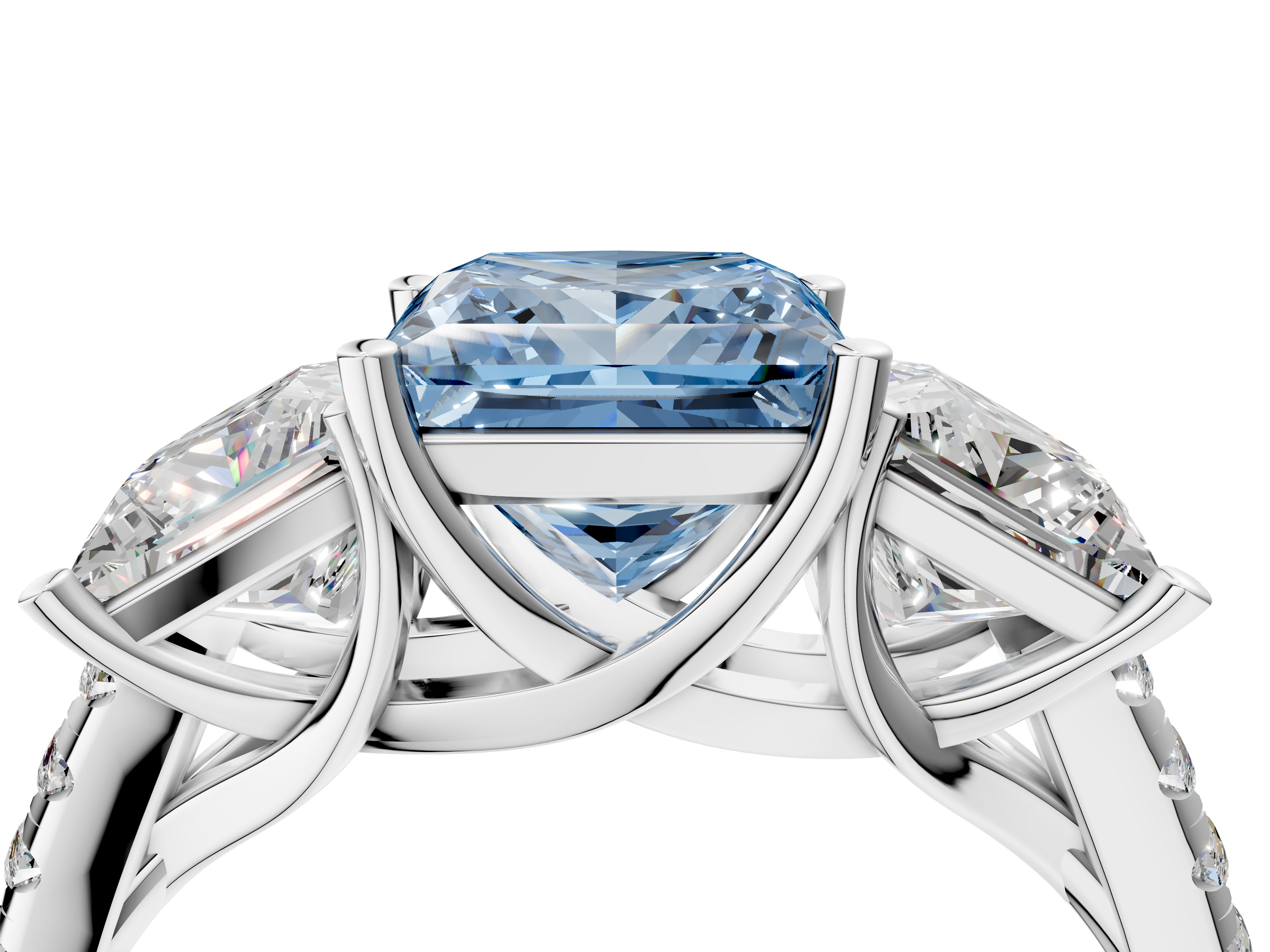 White gold Three-Stone Fancy Blue Princess  Cut Diamond Ring with Pavé Band and Prong Setting_39