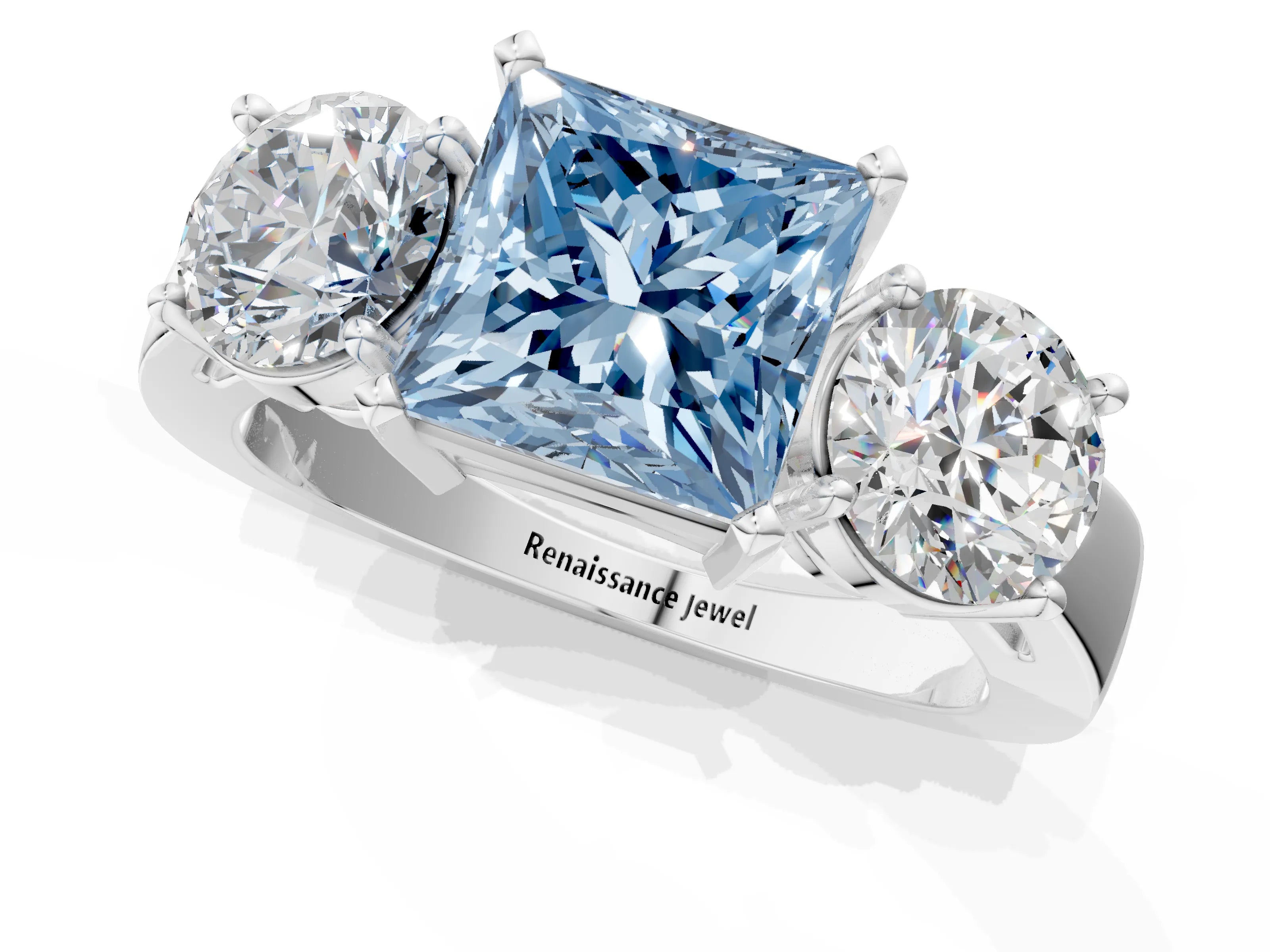 White gold Three-Stone Fancy Blue Princess Cut Diamond Ring with Round Side Stones, Classic Band, and Four-Prong Setting_1