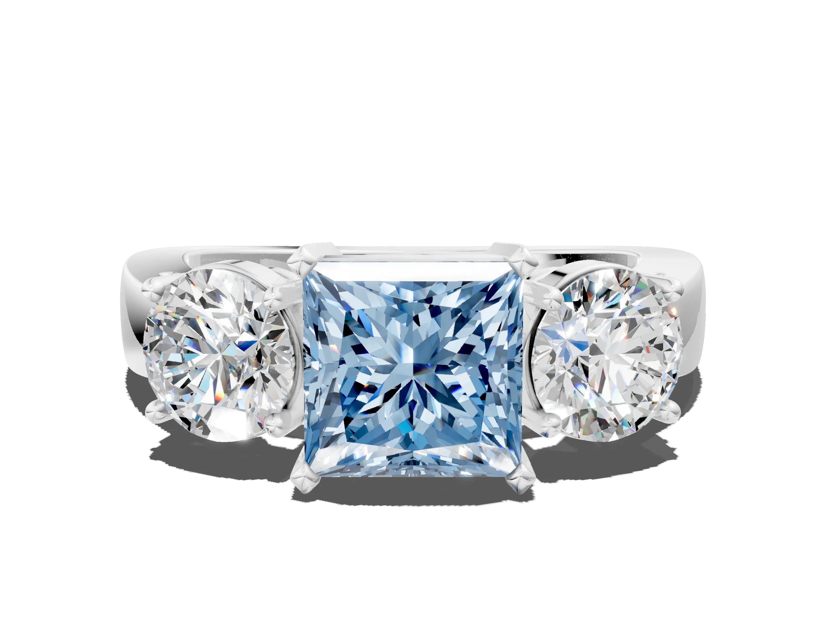 White gold Three-Stone Fancy Blue Princess Cut Diamond Ring with Round Side Stones, Classic Band, and Four-Prong Setting