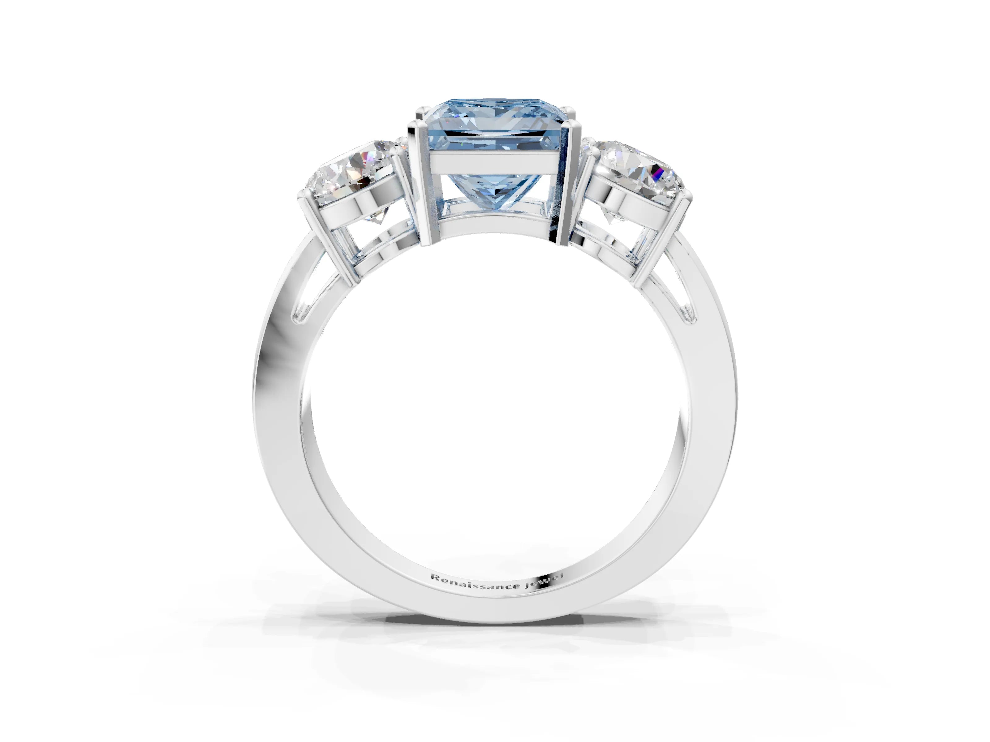 White gold Three-Stone Fancy Blue Princess Cut Diamond Ring with Round Side Stones, Classic Band, and Four-Prong Setting_3