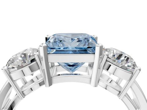 White gold Three-Stone Fancy Blue Princess Cut Diamond Ring with Round Side Stones, Classic Band, and Four-Prong Setting_4