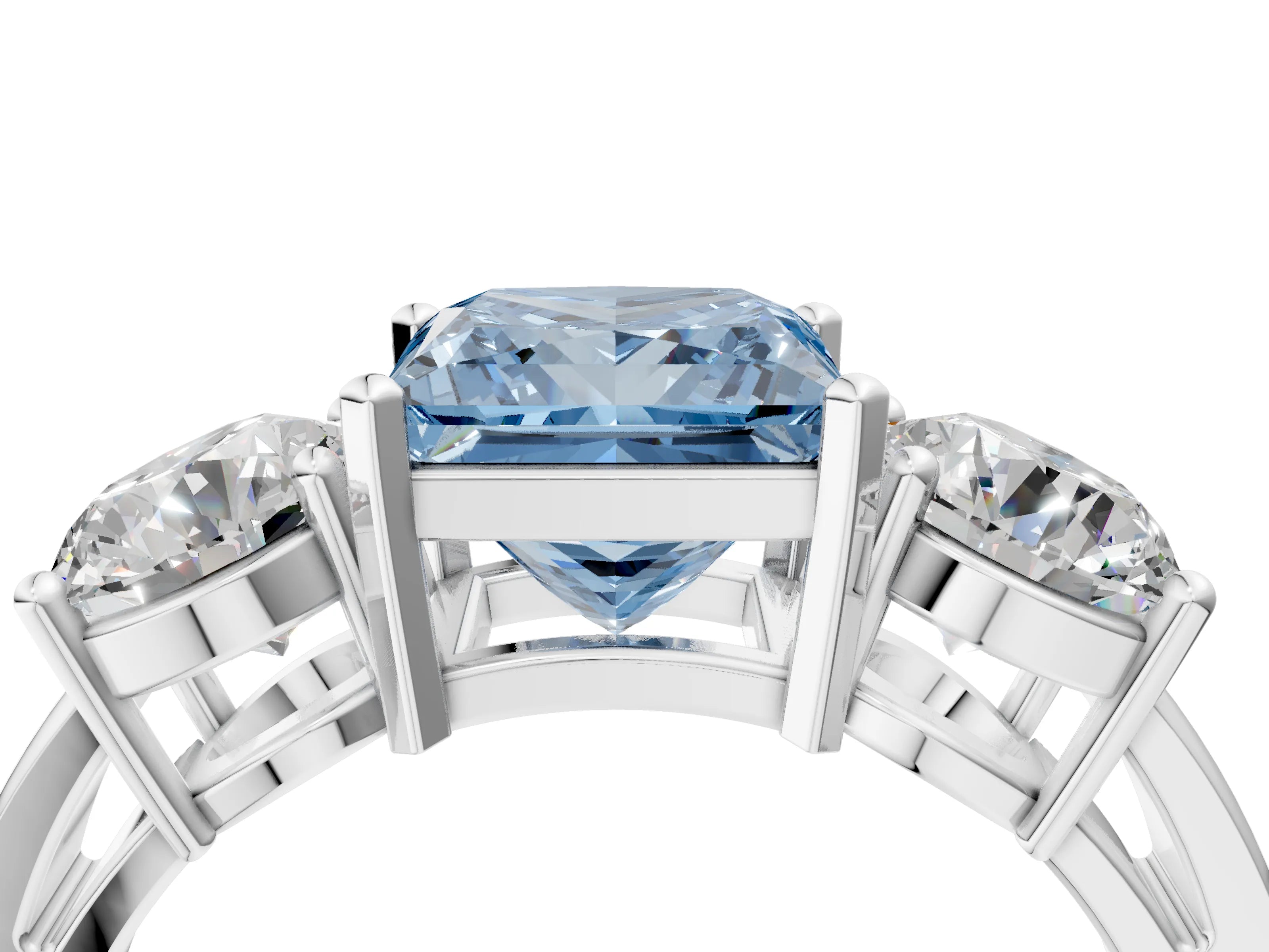 White gold Three-Stone Fancy Blue Princess Cut Diamond Ring with Round Side Stones, Classic Band, and Four-Prong Setting_4