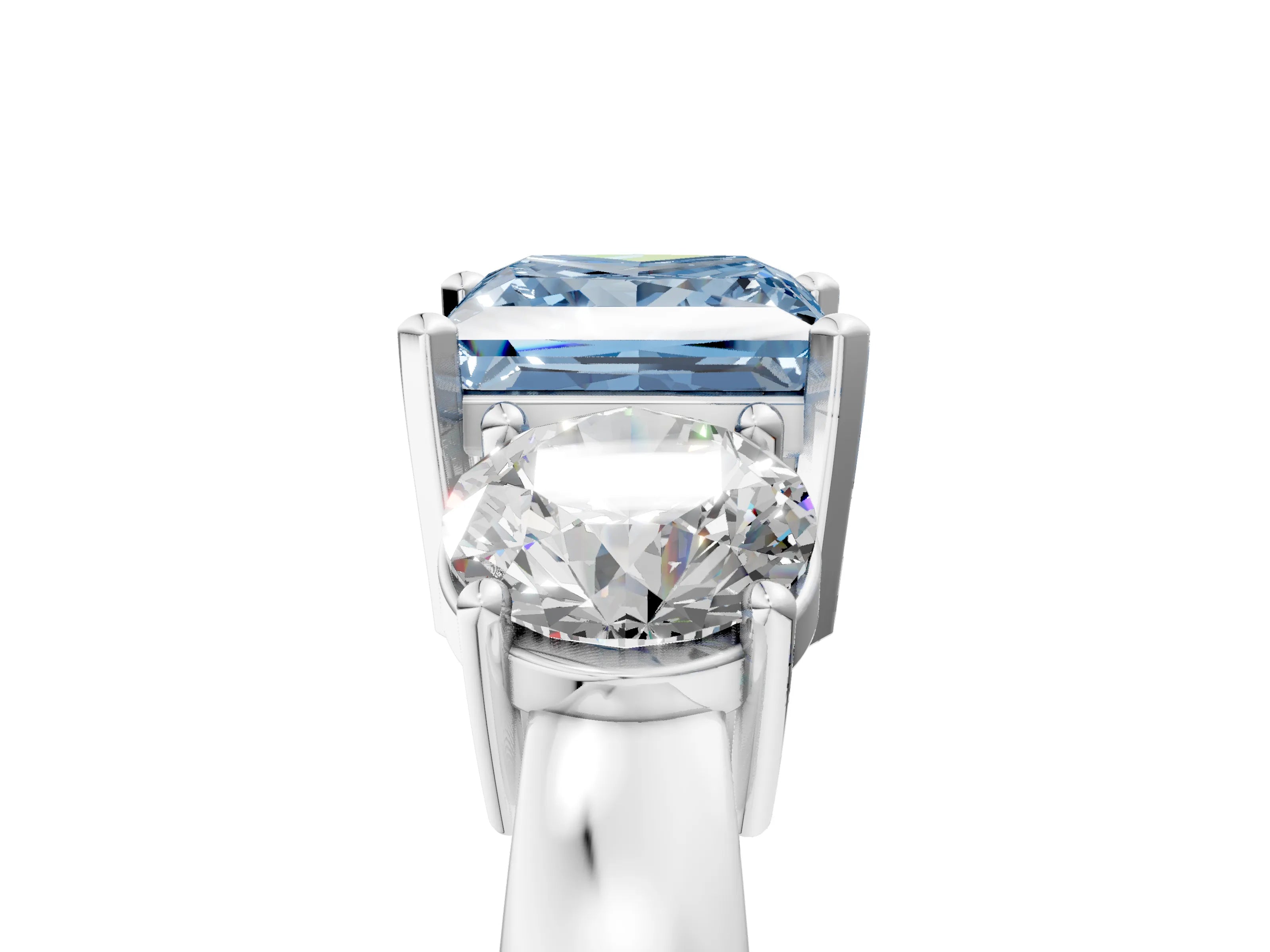 White gold Three-Stone Fancy Blue Princess Cut Diamond Ring with Round Side Stones, Classic Band, and Four-Prong Setting_5
