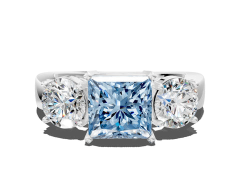 White gold Three-Stone Fancy Blue Princess Cut Diamond Ring with Round Side Stones, Classic Band, and Four-Prong Setting