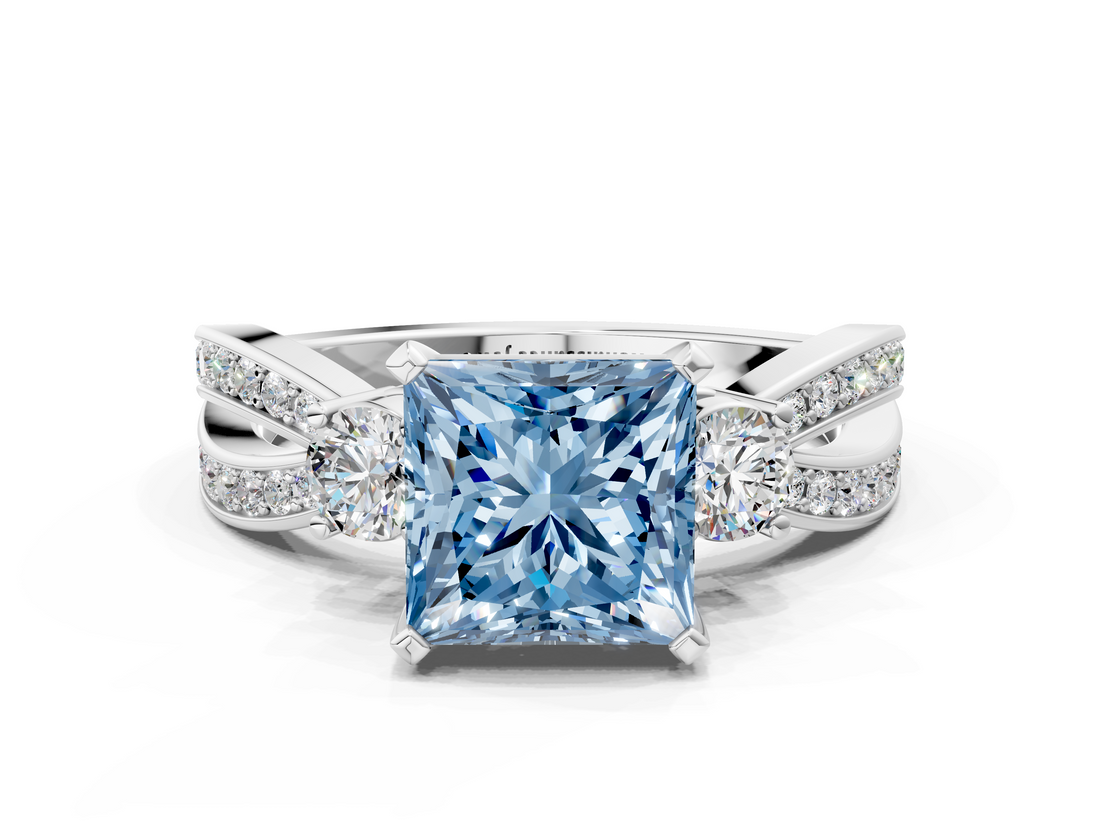 White gold Three-Stone Fancy Blue Princess  Cut Diamond Twist Band with Prong Setting_69