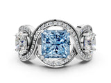 White gold Three-Stone Fancy Blue Princess Cut Diamond Wave Pave Band with Prong Setting_6