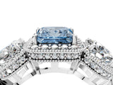 White gold Three-Stone Fancy Blue Princess Cut Halo Diamond Milgrain Band with Four-Prong Setting_4