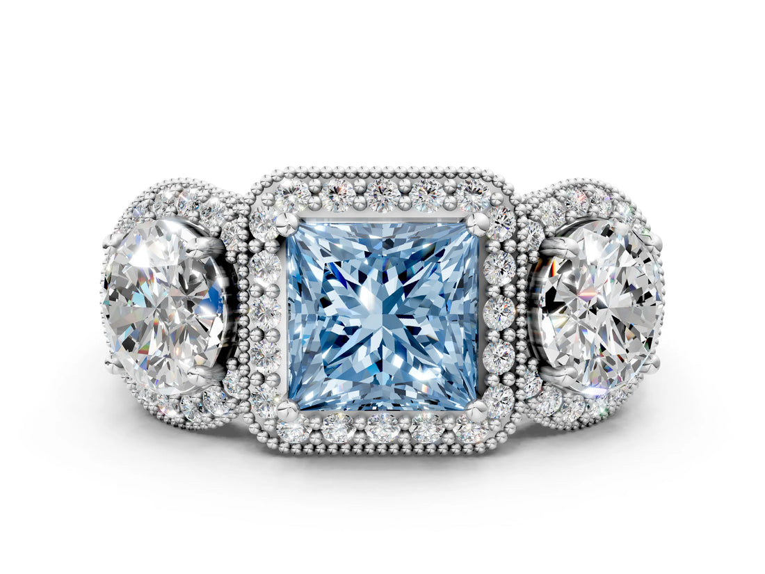 White gold Three-Stone Fancy Blue Princess Cut Halo Diamond Milgrain Band with Four-Prong Setting