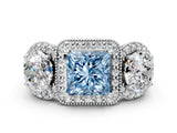 White gold Three-Stone Fancy Blue Princess Cut Halo Diamond Milgrain Band with Four-Prong Setting