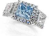 White gold Three-Stone Fancy Blue Princess Cut Halo Diamond Ring with Pave Band and Four-Prong Setting_1