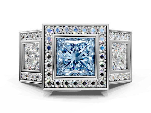 Platinum Princess Cut Bezel Three Stone Halo Engagement Ring Setting for Fancy Blue Center