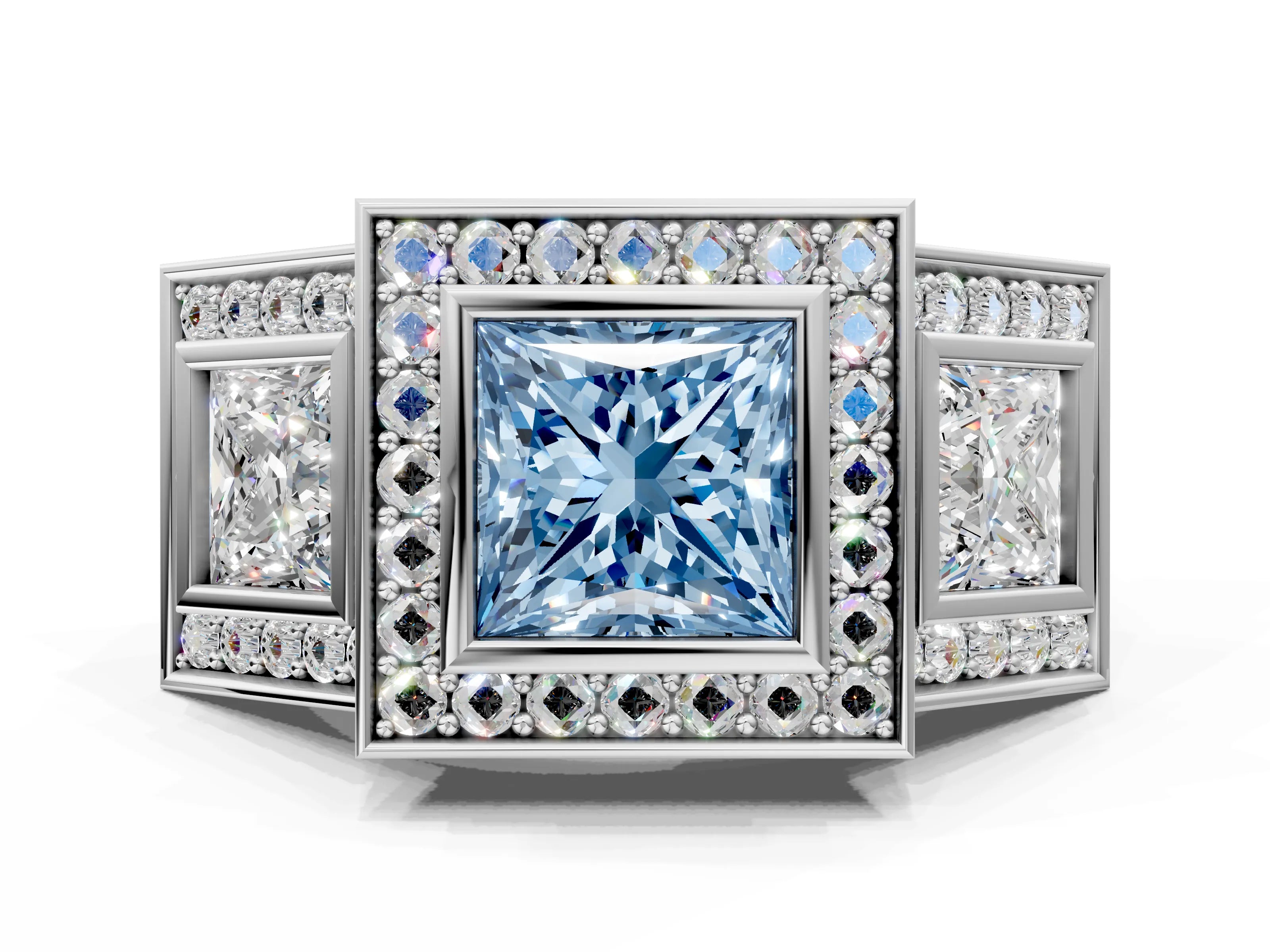 White gold Three-Stone Fancy Blue Princess Cut Halo Pavé Diamond Ring