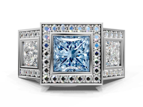 White gold Three-Stone Fancy Blue Princess Cut Halo Pavé Diamond Ring