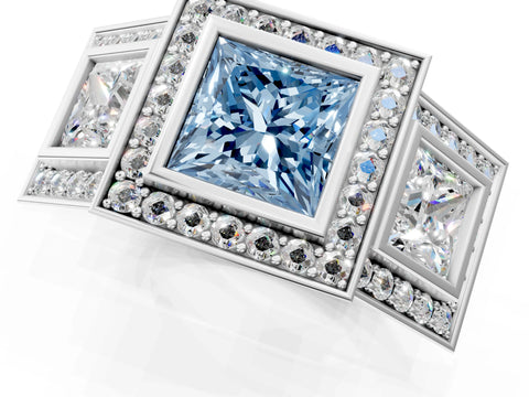 White gold Three-Stone Fancy Blue Princess Cut Halo Pavé Diamond Ring_1