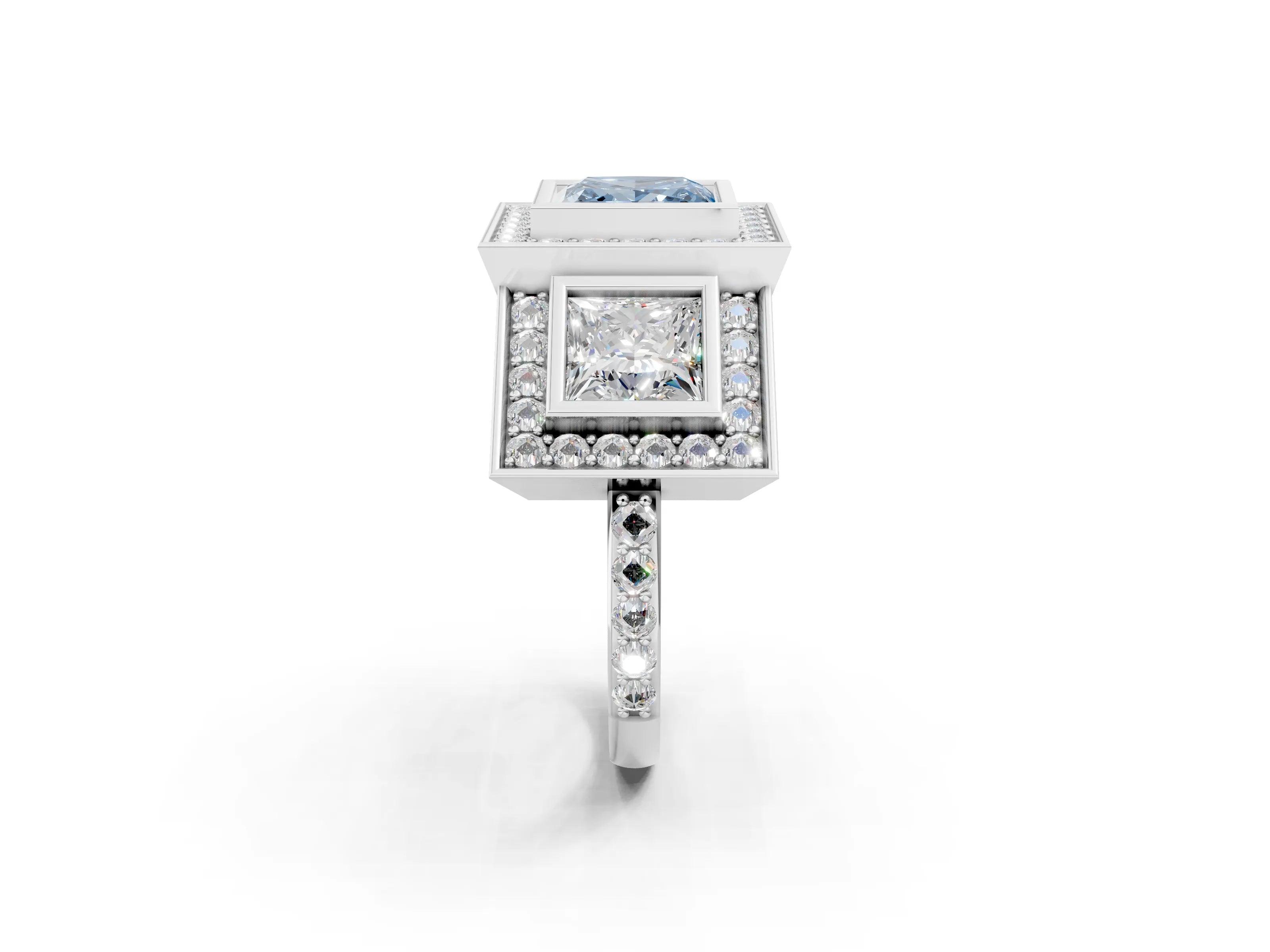 White gold Three-Stone Fancy Blue Princess Cut Halo Pavé Diamond Ring_2