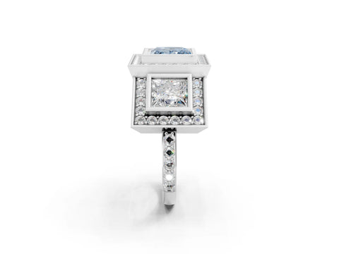 White gold Three-Stone Fancy Blue Princess Cut Halo Pavé Diamond Ring_2