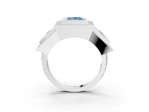 White gold Three-Stone Fancy Blue Princess Cut Halo Pavé Diamond Ring_3