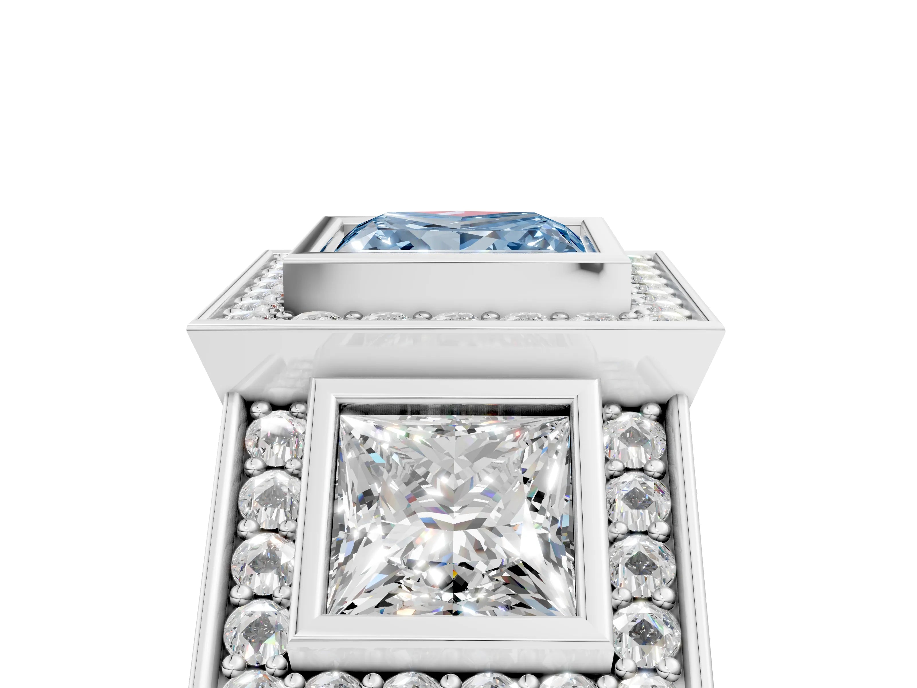 White gold Three-Stone Fancy Blue Princess Cut Halo Pavé Diamond Ring_5