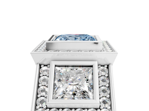 White gold Three-Stone Fancy Blue Princess Cut Halo Pavé Diamond Ring_5