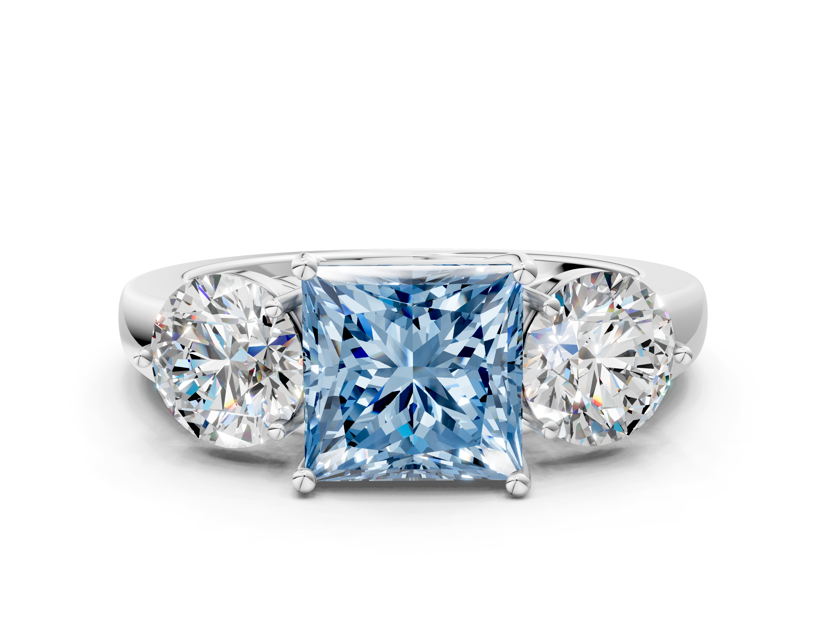 White gold Three-Stone Fancy Blue Princess  Cut Solitaire Ring with Prong Setting on a Classic Band_45