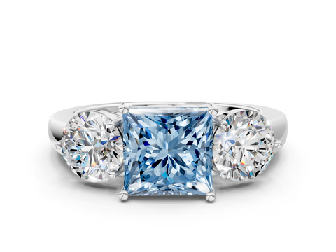 White gold Three-Stone Fancy Blue Princess  Cut Solitaire Ring with Prong Setting on a Classic Band_45