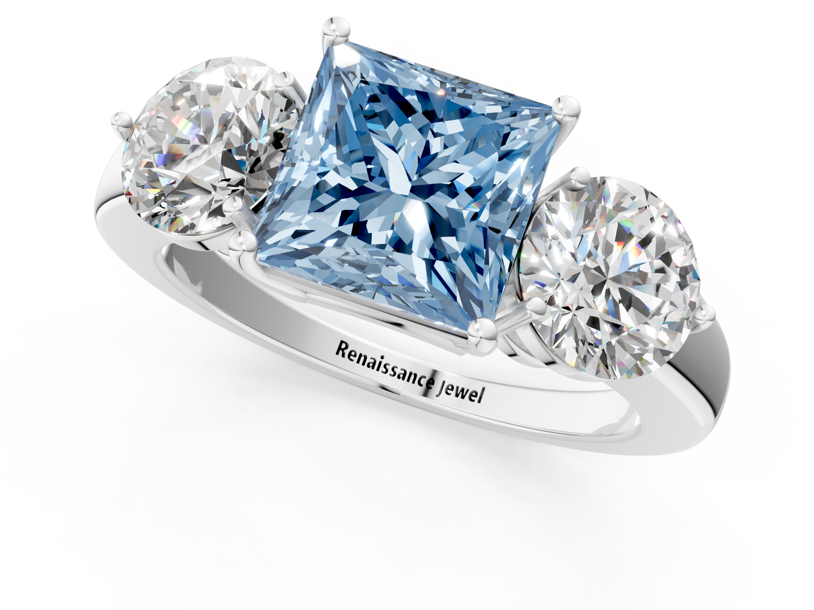 White gold Three-Stone Fancy Blue Princess  Cut Solitaire Ring with Prong Setting on a Classic Band_46