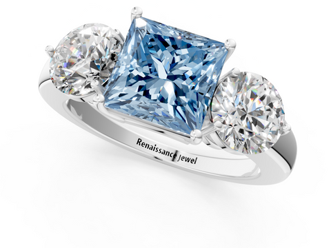 White gold Three-Stone Fancy Blue Princess  Cut Solitaire Ring with Prong Setting on a Classic Band_46