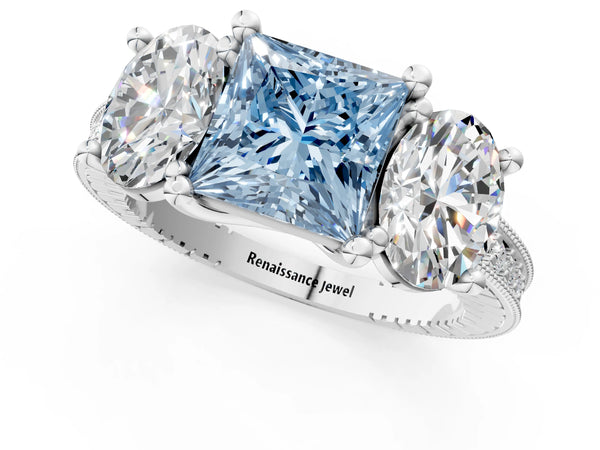 White Gold Princess Cut Three-Stone Engagement Ring Setting for Fancy Blue Center with Pave Band