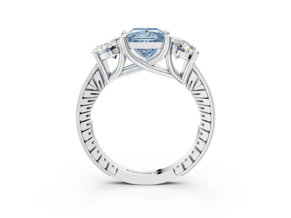 White Gold Princess Cut Three-Stone Engagement Ring Setting for Fancy Blue Center with Pave Band