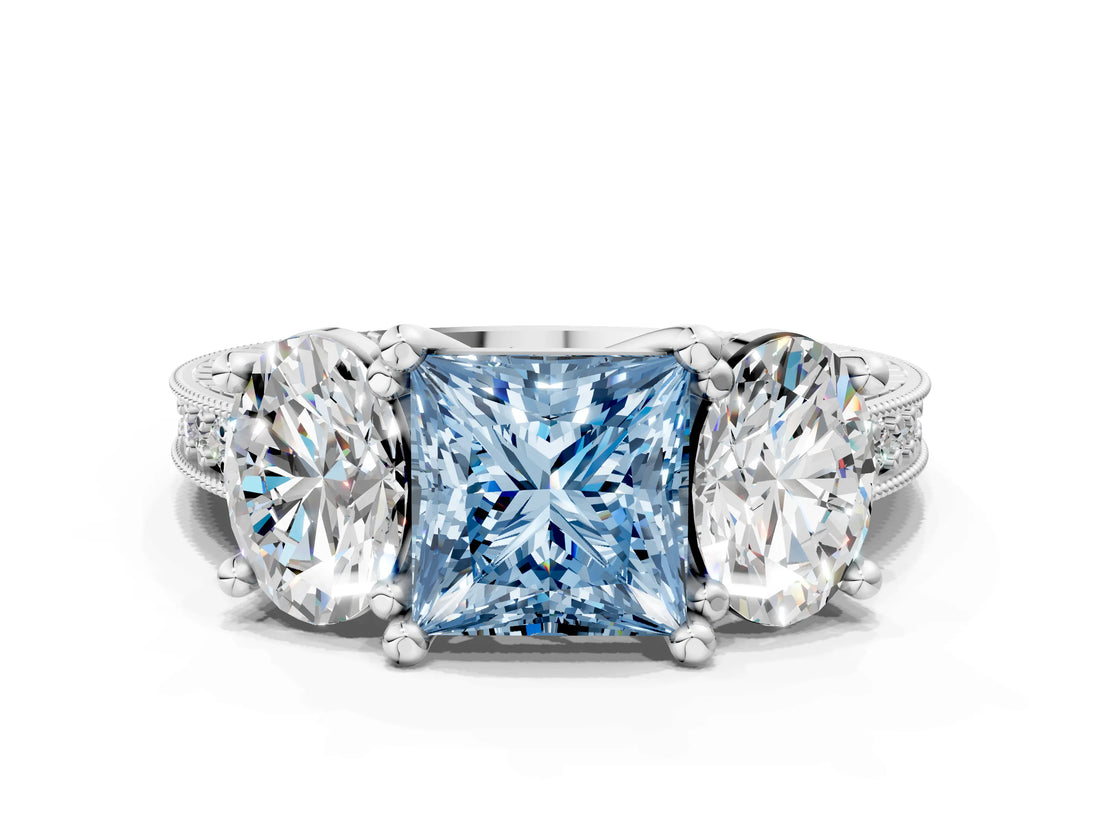 White gold Three-Stone Fancy Blue Princess  Diamond Milgrain Pave Band with Prong Setting