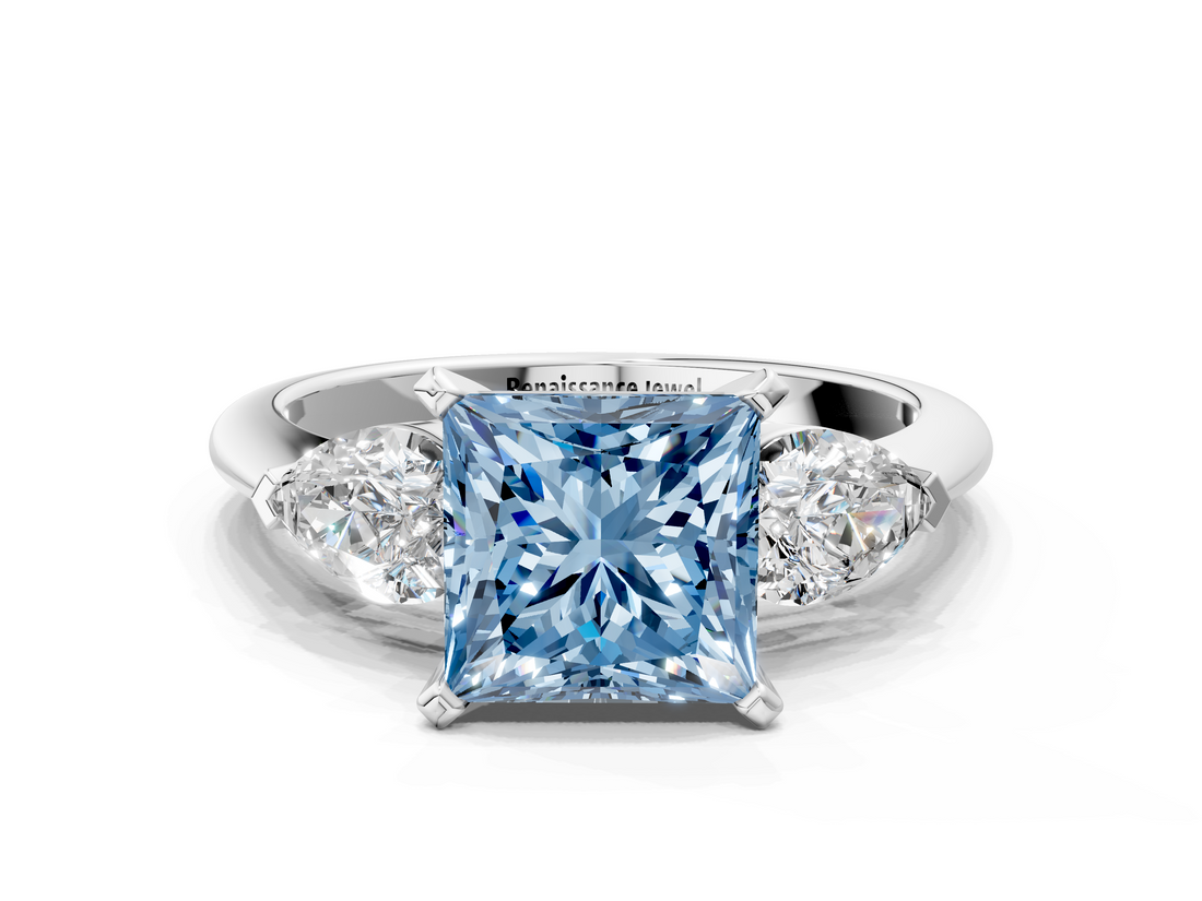 White gold Three-Stone Fancy Blue Princess  Diamond Ring with Pear Side Stones in Four-Prong Setting_58