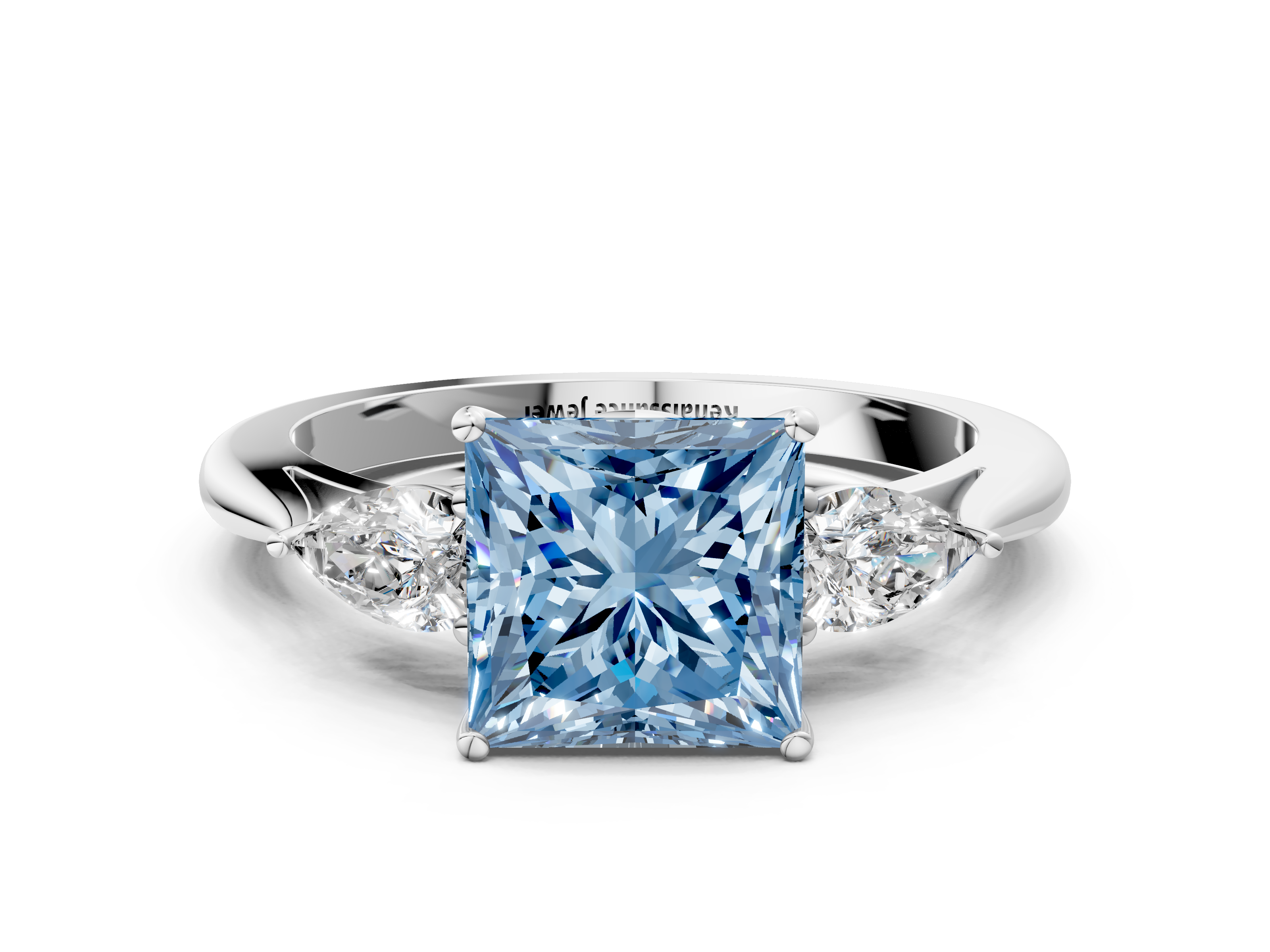 White gold Three-Stone Fancy Blue Princess  Diamond Solitaire Ring with Pear Side Stones and Four-Prong Setting_32