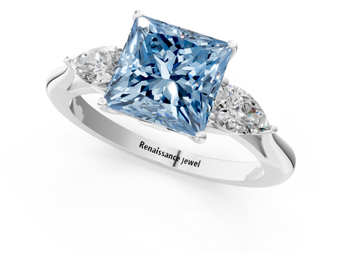 White gold Three-Stone Fancy Blue Princess  Diamond Solitaire Ring with Pear Side Stones and Four-Prong Setting_33