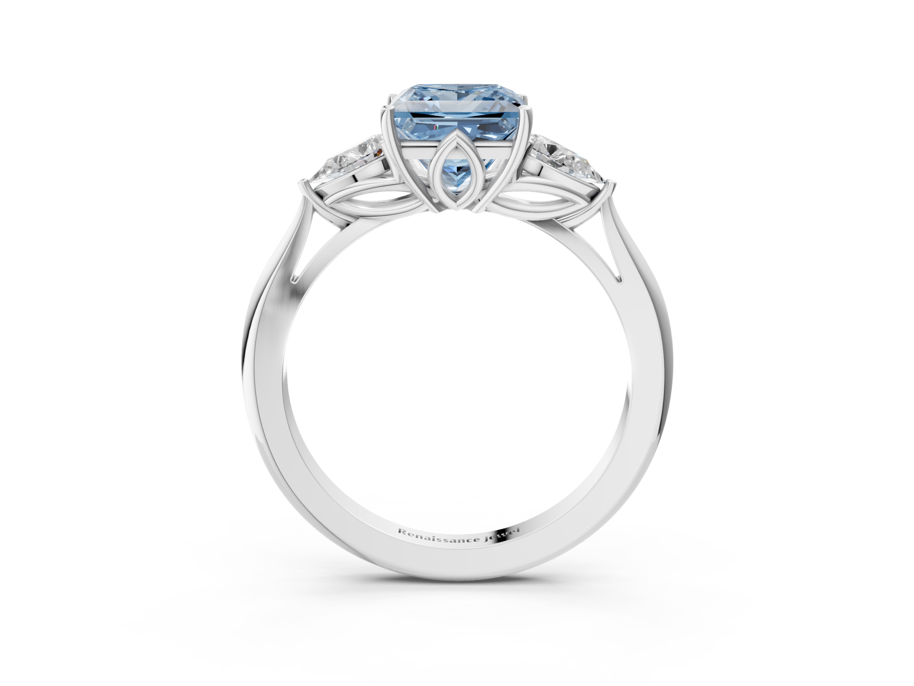 White gold Three-Stone Fancy Blue Princess  Diamond Solitaire Ring with Pear Side Stones and Four-Prong Setting_35