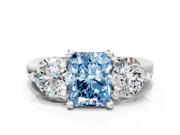 White gold Three-Stone Fancy Blue Radiant  Brilliant Cut Solitaire Ring with Prong Setting on a Classic Band