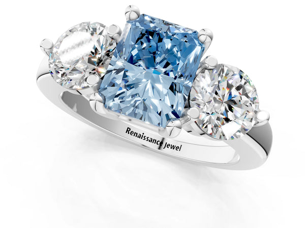 White gold Three-Stone Fancy Blue Radiant  Brilliant Cut Solitaire Ring with Prong Setting on a Classic Band