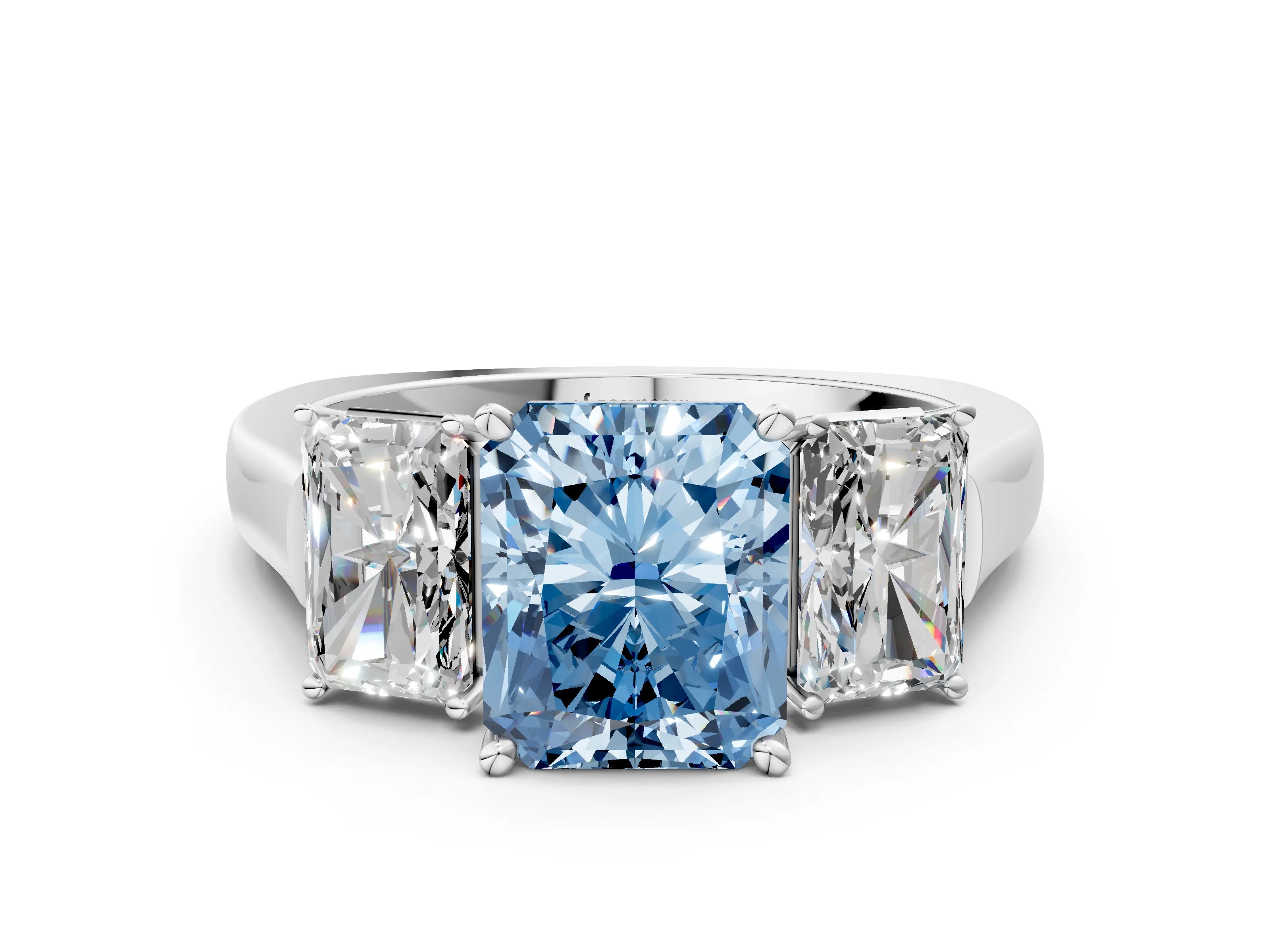 White gold Three-Stone Fancy Blue Radiant Cut Brilliant Diamond Trellis Ring with Comfort Fit Band_12