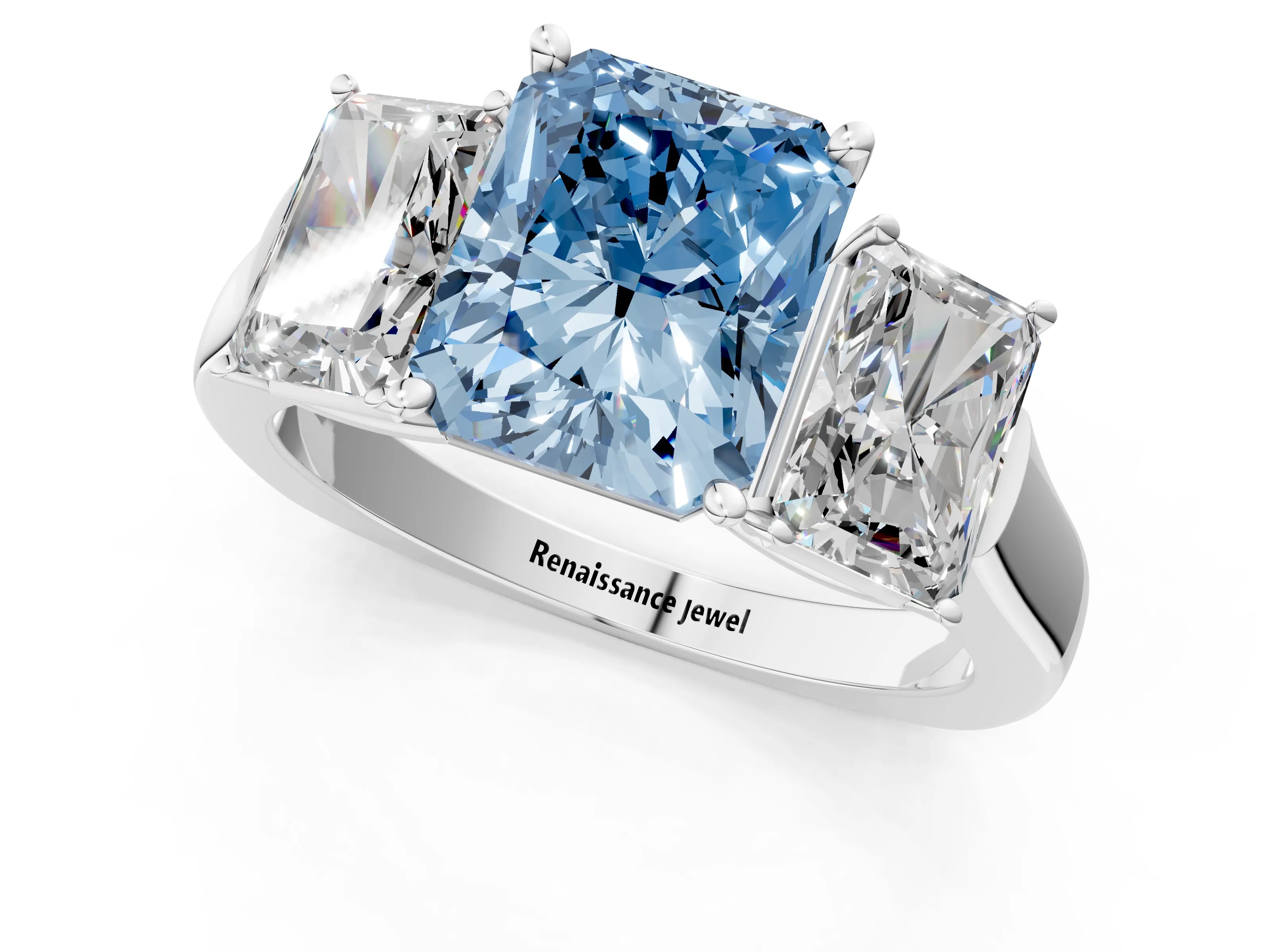 White gold Three-Stone Fancy Blue Radiant Cut Brilliant Diamond Trellis Ring with Comfort Fit Band_13