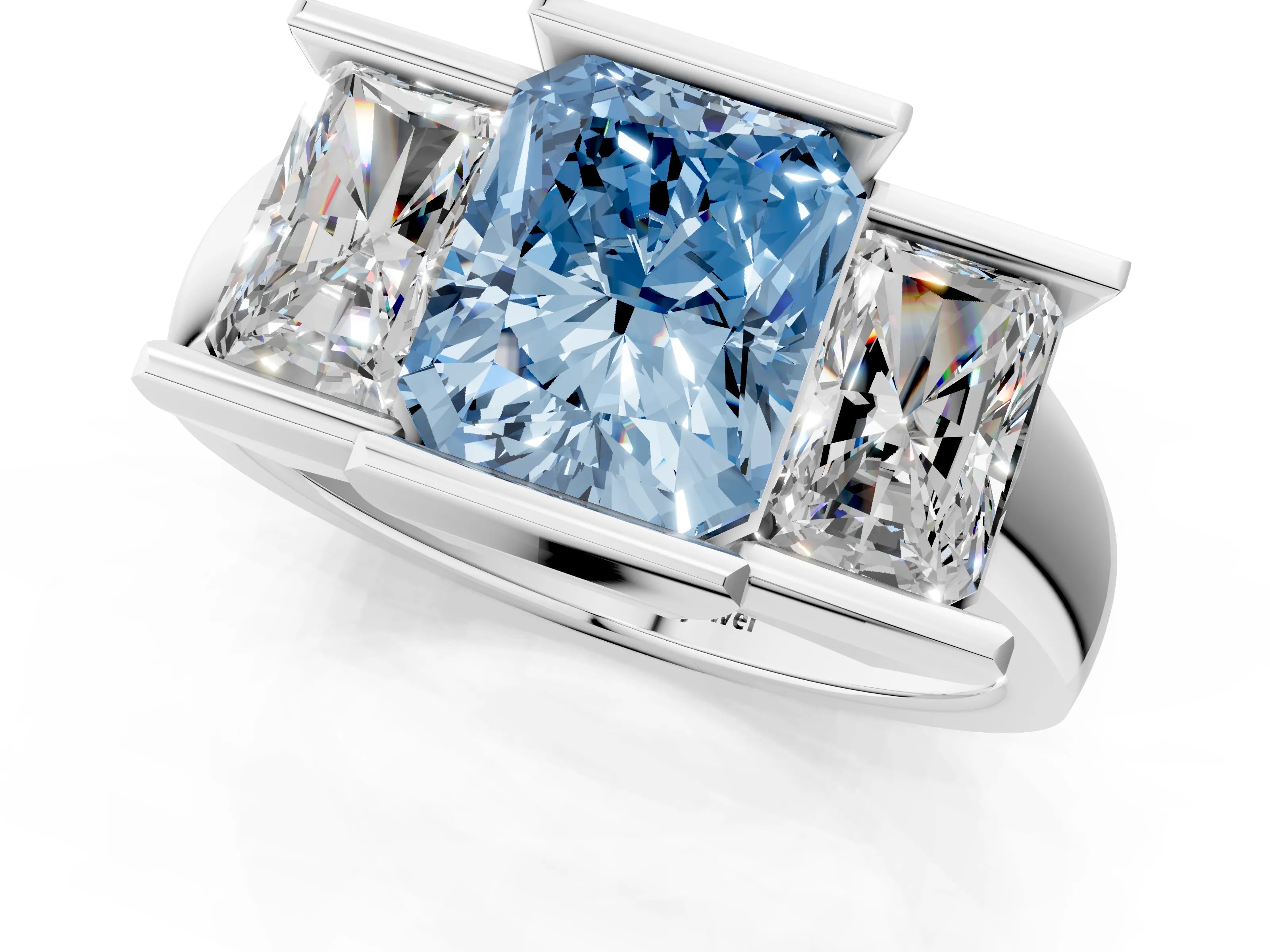 White gold Three Stone Fancy Blue Radiant Cut Cut Channel Set Diamond Ring_25